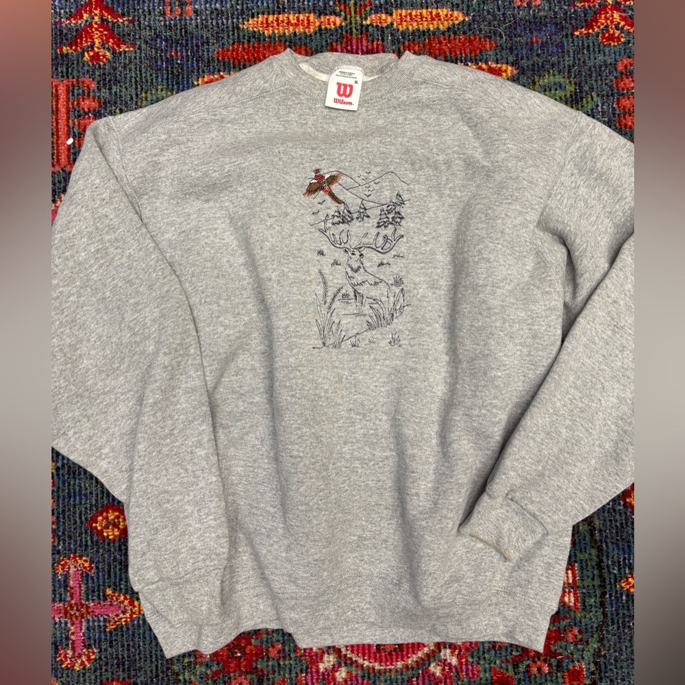 🔥 Vintage 80’s Wilson Gray  Embroidered Deer & Pheasant Crewneck Sweatshirt XL 🔥